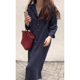 GGUHHU Womens Chic Button Down Rolled-Up Sleeve Long Cotton Blouse Maxi Dress (Small, Navy)