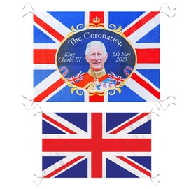 AKH® 85CM X 60CM HM King Charles III Coronation Flag 2023 with 76CM x 50CM Britain GB Union Jack UK National Flag | Flags for Kings Coronation Royal Theme Decorations Banner | With Hanging Strings