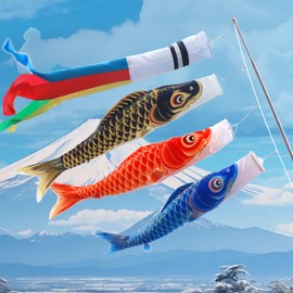 OKBABY Koinobori Carp Streamer, 3 Carp Streamers, 6.6 ft (2 m) Extendable Stand, 5.9 ft (1.3 m), Black Carp, 3.9 ft (1.2 m), Red Carp, Blue Carp 0.3 ft (0.8 m), Premium Polyester Satin, For Veranda,