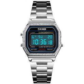 MASTOP Luxury Women Watches Full Steel Electronic LED Digital Fashion Ultra Thin Square Ladies Wrist Watches (Black) (Silver)