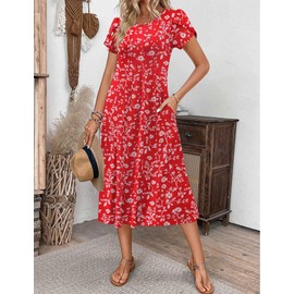 Zeagoo Women Dress with Pockets Floral Print Sundress Summer Casual Swing A-Line Cotton Dresses Fit and Flare Dress, Red Floral,XL