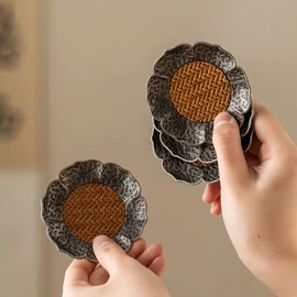 HannaFires 2PCS S925 Sterling Silver Hammered Rattan Coaster - Snack Plate, Teacup Mat, Vintage Woven Lotus Cup Holder, Asian-Style Kung Fu Tea Accessories, Gift, Teacup Mat, Snack Plate