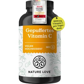 NATURE LOVE® Buffered Vitamin C - high dose with 1000mg of vitamin C per daily dose - 365 capsules - pH-neutral & gentle on the stomach - vegan