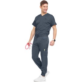 MediChic Men's Scrubs Set – Stretch V-Neck Workwear, 7-Pocket Jogger Pants, Flex Medical Uniforms, Pewter Large