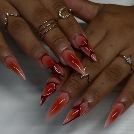BABALAL Red Press On Medium Almond Fake Nails Y2k Glue On Ombre Glossy Acrylic 24Pcs Stiletto Stick On Burgundy Manicure False Nails