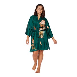KIM+ONO Women's Plus Size Charmeuse Kimono Robe Short - Watercolor Floral - Peony & Butterfly - Emerald (Green)