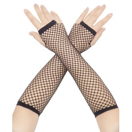 Fepdiu Women 80s Long Fishnet Fingerless Gloves Mesh Arm Sleeves One Size Fish Net Arm Sleeves EMO Gloves for Women in Theme Party Scene Accessories (black)