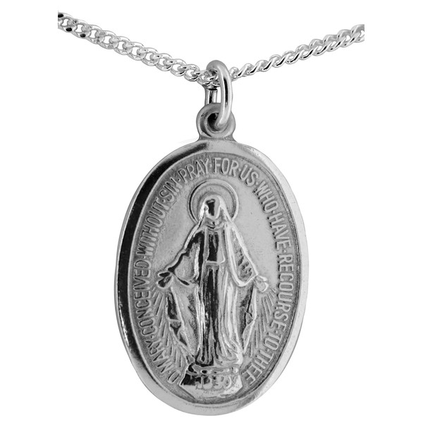 Sterling Silver Miraculous Medal 18mm And Curb Chain 16"