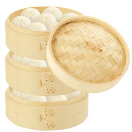 LOPYXBR 3 Tied Bamboo Steamer 8 Inch Dumpling Steamer Basket 3 Tied Bamboo Steamer Basket with Lid Steaming Basket for Cooking Dim Sum, Chicken, Fish