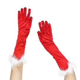Women Christmas Red Velvet Gloves Fur Costume Glove Long Satin Santa Gloves Opera Formal Elbow Length Glove For Bridal Evening Dance Tea Party Church Wedding Gloves with White Furry Cuff
