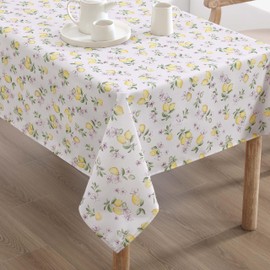 Laura Ashley Decorative Tablecloth, Wrinkle and Stain Resistant, Spillproof Water Repellent, Easy Care Washable Polyester Fabric for Dining, Kitchen, Holiday and Party, 60" x 120", Lemon Floral
