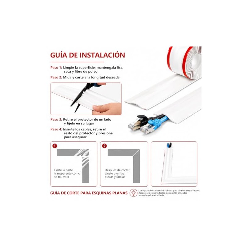 Canaletas para Cables Pared 10m,Protector de Cable PVC Autoadhesivo,Esconder Cables