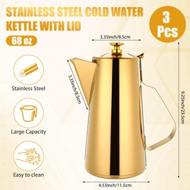Honeydak 3 Pcs Stainless Steel Pitcher 2 L/ 67 oz Stainless Steel Kettle with Lid Metal Cold Water Pitcher Large Capacity Tea Kettle Jug Beverage Dispenser with Handle for Home Restaurant Office(Gold)