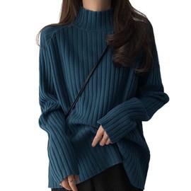 Yino Women's Sweater, Knit, High Neck, Rib, Turtleneck, Simple, Long Sleeve, Slimming, Soft, Loose, Top, Stylish, Cute, Casual, Warm, Commuting to Work, Outings, Autumn, Winter, darkblue