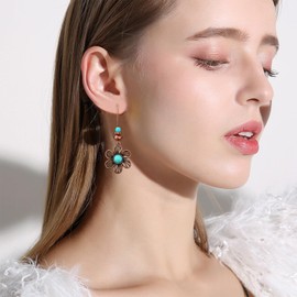 JOONL Bohemian Vintage Copper Hollow Flower Turquoise Dangle Drop Earrings Retro Tassel Floral Leverback Earrings For Women (Flower)