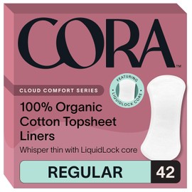 Cora Period Liners | 100% Organic Cotton Topsheet | Ultra Thin, Quick Absorbency | Hypoallergenic | Dermatologically Tested | Unscented, No Wings (42 Regular Liners)