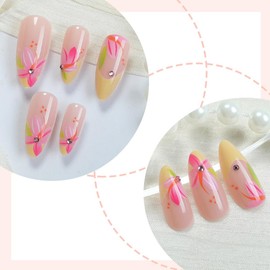 BQZQPAMZ 24Pcs Pink Flower Medium Almond False Nails Yellow French Tip Press on Nails With Flat Rhinestones Glossy Floral Full Cover Acrylic Nails for Women DIY Spring Nail Art Supplies