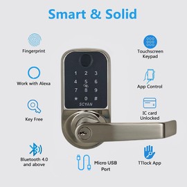 SCYAN Smart Door Lock, Scyan X1, 5 in 1 Fingerprint Biometric Door Lock, Touchscreen Keypad Door Lock, Key Fob, Auto Locking, for Office, Home, Airbnb, Rental House (Brush Nickel)