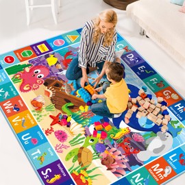 LTKOUGFAM Baby Play Mat for Floor, ABC Kids Play Mat, Sea Animals Kids Rugs for Girls and Boys Playroom, Foldable Rug for Baby Toddler Infants Crawling Playing (Blue, 78.7X59 INCH)