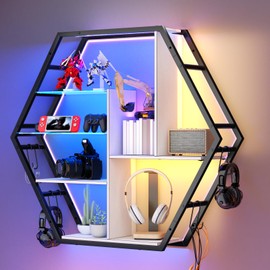 kepptory 39 inch Large Gaming Floating Shelves with LED Lights, 5 Tier Gaming Shelf for Wall with 2 Removable Glass Shelves, Wall Display Shelf Bookshelf with 8 Hooks for Bedroom, Game Room