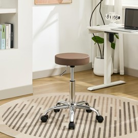 FIRAVOE Adjustable Office Stool with Wheels 19.5’’-26.6’’, Brown Thick Cushion Backless Rolling Chair (Coffee Brown)