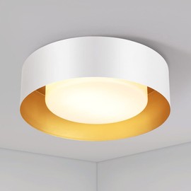 Yiisem Modern White and Gold Flush Mount Ceiling Lights, Minimalist Drum Round Ceiling Lighting, Acrylic Close to Ceiling Light Fixtures for Bedroom, Dining Room, Bathroom, Hallways, Living Room