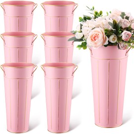 Domensi 6 Pcs 12'' Galvanized Metal Vase with Handle Rustic Galvanized Vase Planter Bucket for Fresh Flowers Dried Floral Decor Farmhouse Table Centerpiece Decoration for Wedding(Pink)