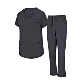 Natural Uniforms Womens 11 Pocket Cool Stretch Cargo Scrub Set (Black, Small)