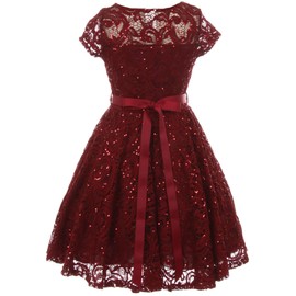 BNY Corner Big Girl Cap Sleeve Floral Lace Glitter Pearl Holiday Party Flower Girl Dress Burgundy 14 JKS 2102
