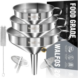 Stainless Steel Funnel, Walfos 3 Pack Kitchen Funnel with 2 Removable Strainer ＆ 1Pcs Cleaning Brush, Perfect for Transferring of Liquid, Oils, Jam, Dry Ingredients & Powder