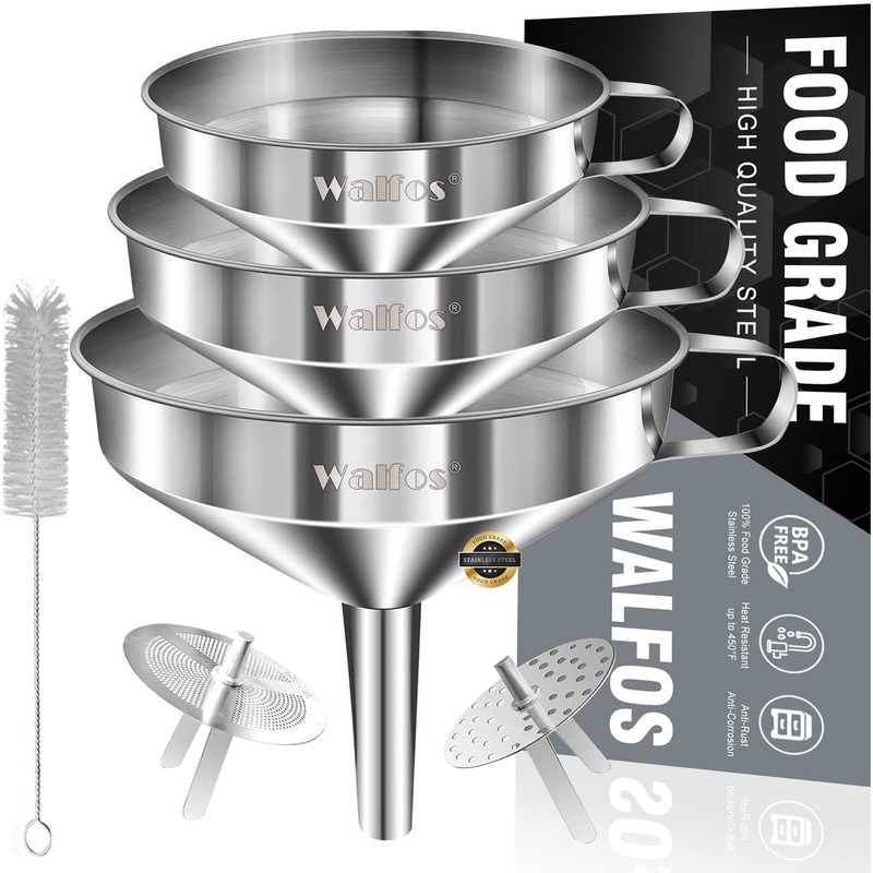 Stainless Steel Funnel, Walfos 3 Pack Kitchen Funnel with 2