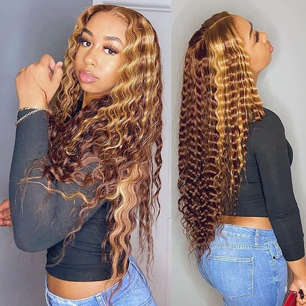 BLY Highlight Human Hair Lace Front Wigs Deep Wave #4/27 Ombre Colored Glueless Wigs Pre Plucked 24 Inch 4x4 Transparent Curly Water Wave Lace Wig Honey Blonde Real Human Hair 180% Density