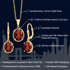 Gem Stone King 18K Yellow Gold Plated Silver Oval Red Garnet Pendant and Earrings Jewelry Set For Women (7.20 Cttw, Gemstone Birthstone, with 18 Inch Chain)