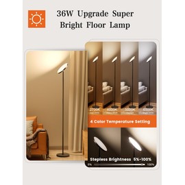 OHLUX Floor Lamp,36W/3000LM Sky LED Modern Torchiere 5 Color Temperatures Super Bright Floor Lamps, Dimmable Tall Standing Pole Light with Remote & Touch Control for Living Room,Bedroom,Office-Black