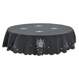 Mr Crimbo Christmas Tablecloth Dark Grey Fabric Luxury Silver Embroidered Trees - 70" Round