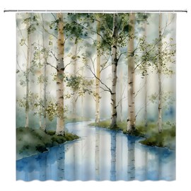 Birch Tree Shower Curtain Watercolor White Misty Forest Stream Rustic Nature Scenery Bathroom Decor Curtain with Hooks,70" W x 70" L