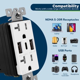 TOPGREENER USB Outlet, 3-Port Type C USB Wall Outlet, 20 Amp Tamper-Resistant Receptacle Plug, 20A Charging Power Outlet with USB Ports, UL Listed, TU22036AC3-6PCS, White, 6 Pack