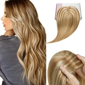 Elailite Clip-In Real Hair Topper for Women, Silk Base Clip-In Extensions, Remy Silk Base, Straight, #12P613 Golden Brown & Bleached Blonde, 45 cm