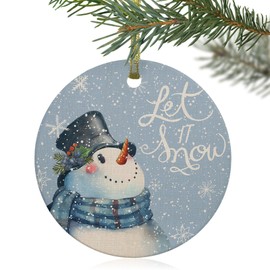 Blue Snowman Christmas 2023 Christmas Tree Hanging Ornaments, 3" Round Double-Sided Ceramic Ornaments Decor Let Snow Xmas Winter Snowflake