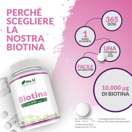 Biotin 10000 mcg - 365 Vegan Tablets - 1 Year Treatment - Supplement for Hair, Nails & Skin Growth - Nu U Nutrition