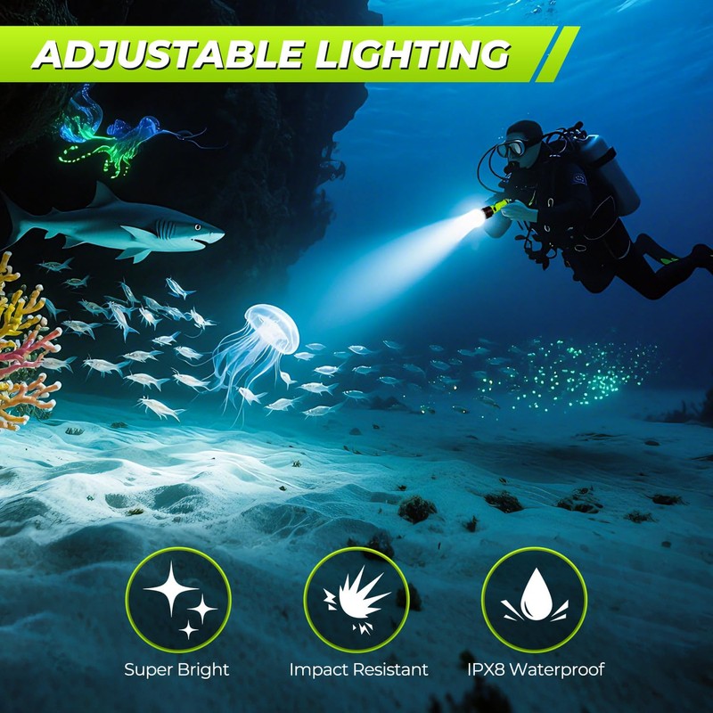 FISHOAKY Diving Flashlight Underwater LED Light, 1500 Lumen & 3