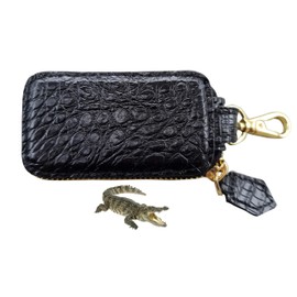 [vinacreations] Crocodile Belly Skin Car Key Holder Metal Hook Zipper Bag Remote Key Fob Leather Made in Vietnam, Black
