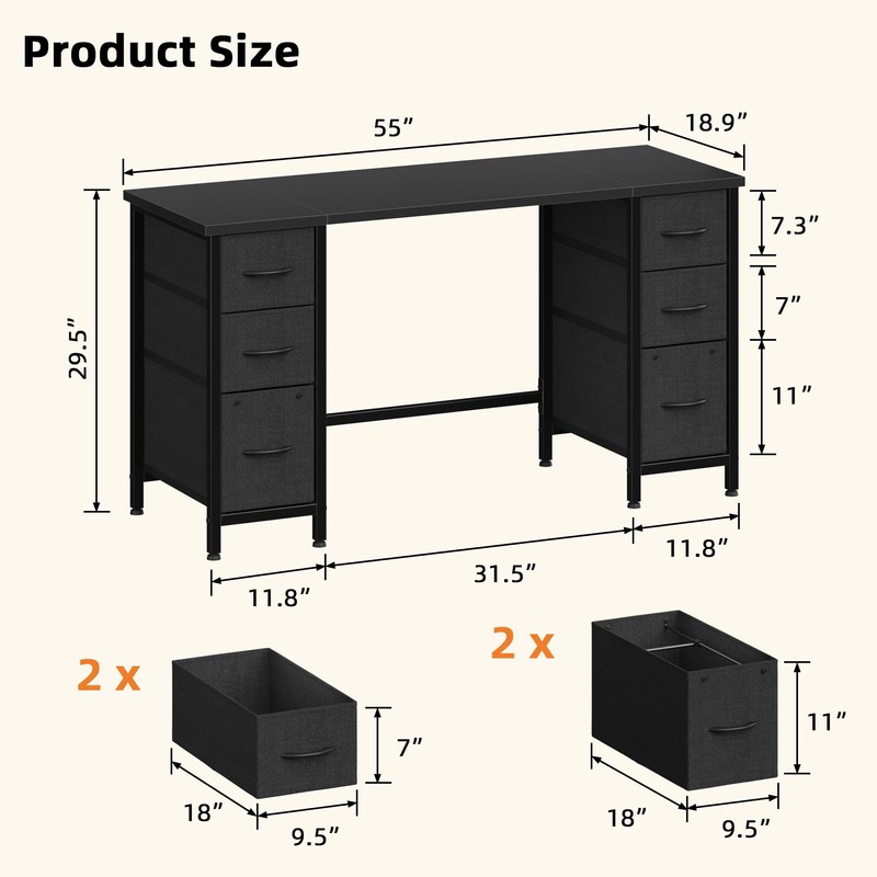 YAOHUOO 55'' Office Desk with 6 Fabric File Drawers -