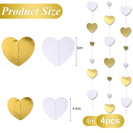 52 ft White Gold Heart Garland, 4 Pieces 4 m Heart Garland Wedding White Gold, Heart Garlands for Wedding, Engagement, Anniversary, Valentine's Day, Birthdays Decoration