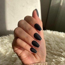 KQueenest Matte Black Press on Nails Short Medium Coffin Nails Press ons Short Ballerina Gel Fake Nails Glue on Nails Medium Solid Acrylic Nails False Nails For Women Finger Decoration