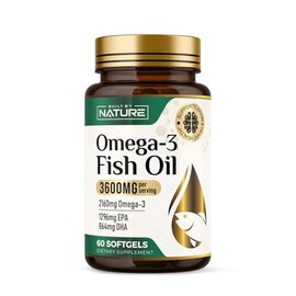 Built by Nature Aceite de pescado Omega-3 3600 mg  Alto contenido de EPA y DHA  2160 mg de Omega 3 por porción  Cápsulas blandas sin eructos de...    