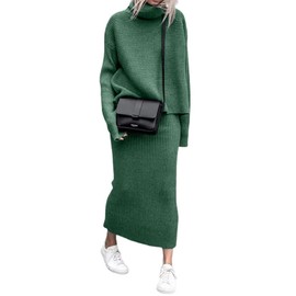 loveimgs Women's 2 Piece Outfits Ribbed Knit Long Sleeve Turtleneck Midi Pencil Skirt Set Casual Two Piece Dress (Medium, Green)