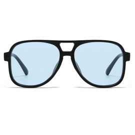 Long Keeper Retro Pilot Sunglasses Aviator Glasses Men Women Square Sunglasses Large 70s Classic Square Pilot Retro Glasses with UV400 Protection, Black Frame - Blue Lenses
