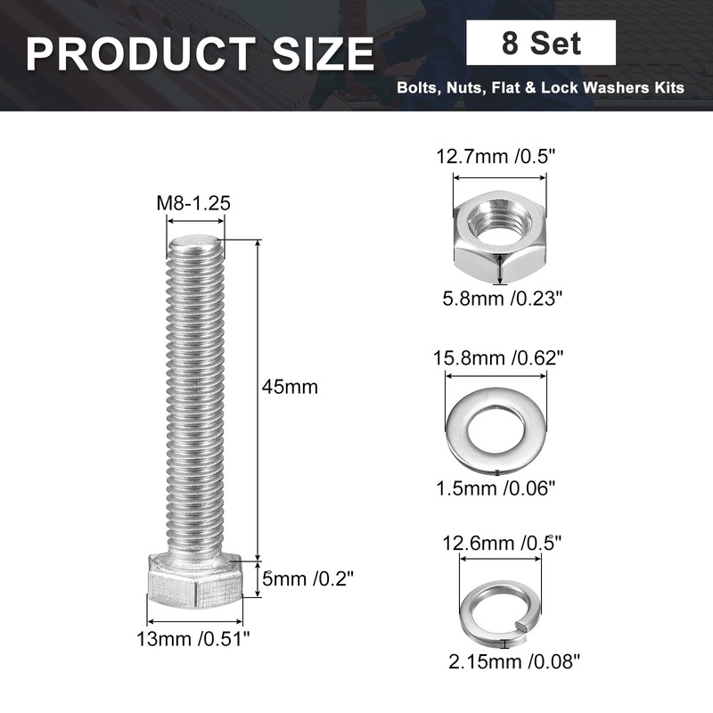 sourcing map M8 x 45mm Hex Head Screws Bolts, Nuts,