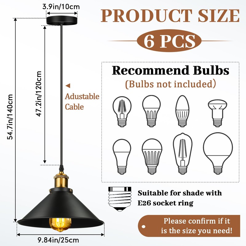 Retisee 6 Pieces Industrial Pendant Lights E26 E27 Base Black